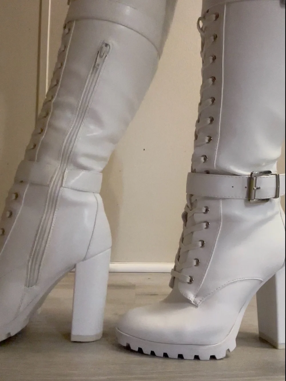 White Lace-Up Knee High Block Heel Boots - Women's